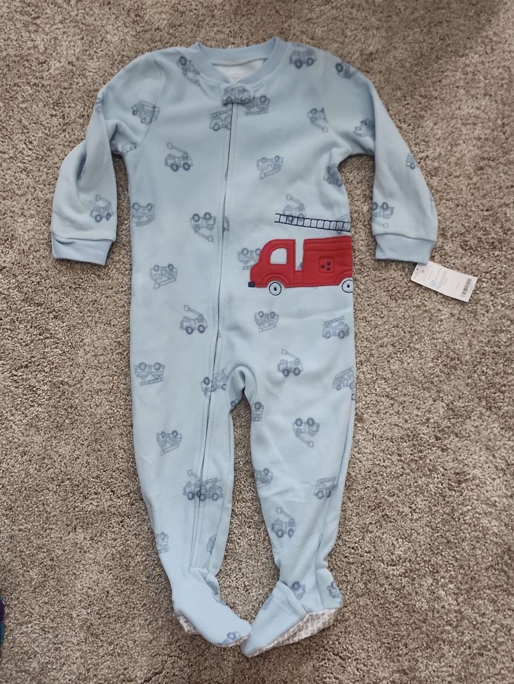 NWT 2T Carter's Light Blue Footed One-Piece with Red Firetruck Applique